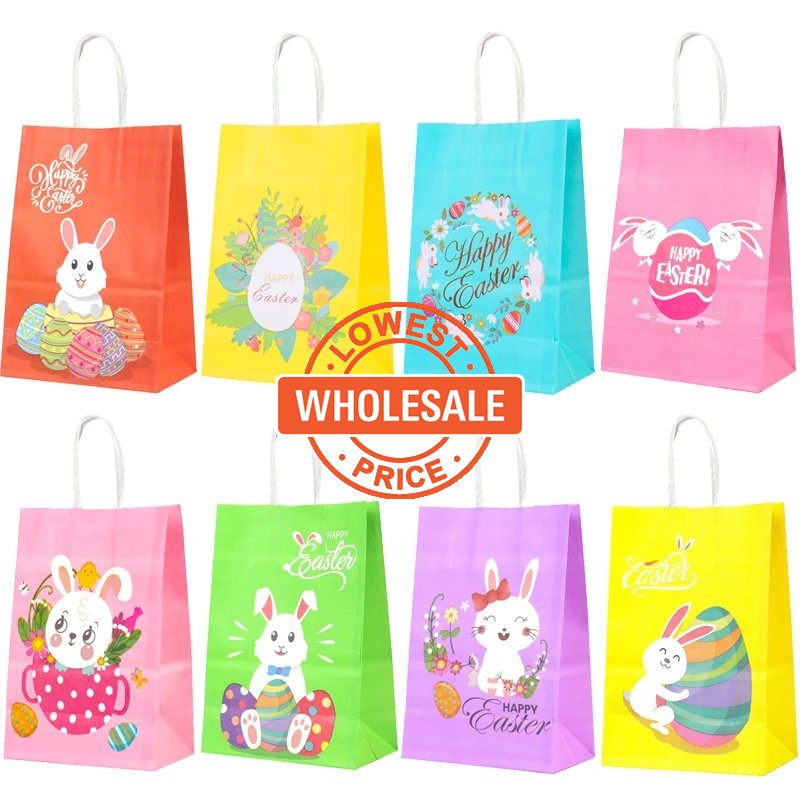 [Harga Grosir] 1PC Happy Easter Bunny Paper Bags Kraft Bags with Handle Telur Kelinci Lucu Warna Warni Kekinian Packaging Bag Souvenir Pesta