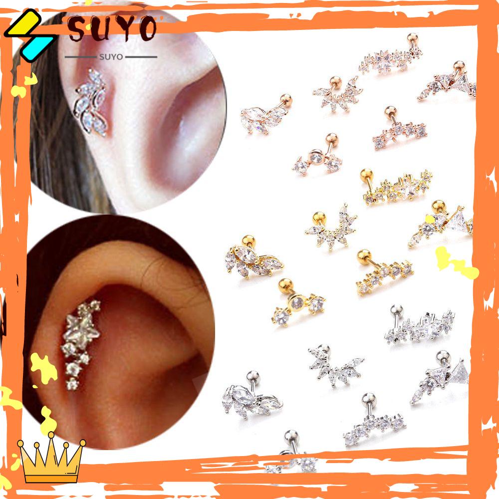 Suyo 1PC Anting Tindik Lucu Cz Zirkon Sekrup Belakang Bahan Stainless Steel