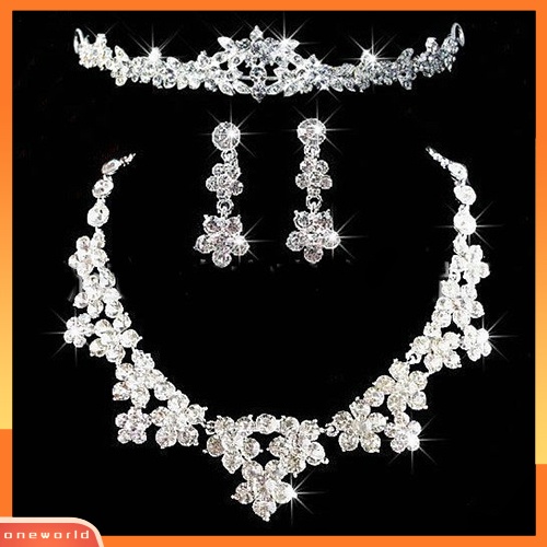 [ONE] Luxury Bridal Jewelry Shiny Rhinestone Cute Flower Crown Necklace Earrings Set