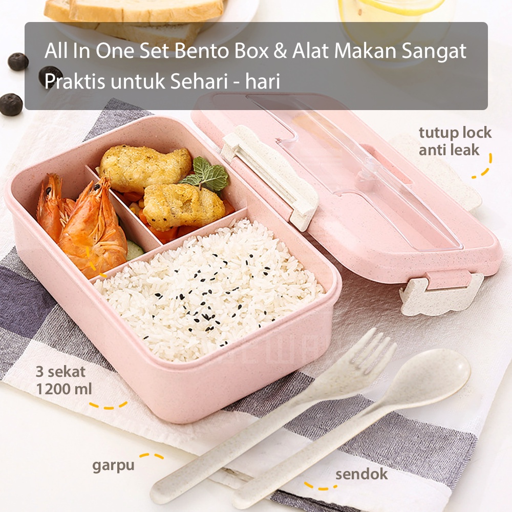 HUGO Kotak Makan Tempat Bekal Lunchbox Jerami 1200 ml Anti Tumpah  Free Sendok Garpu