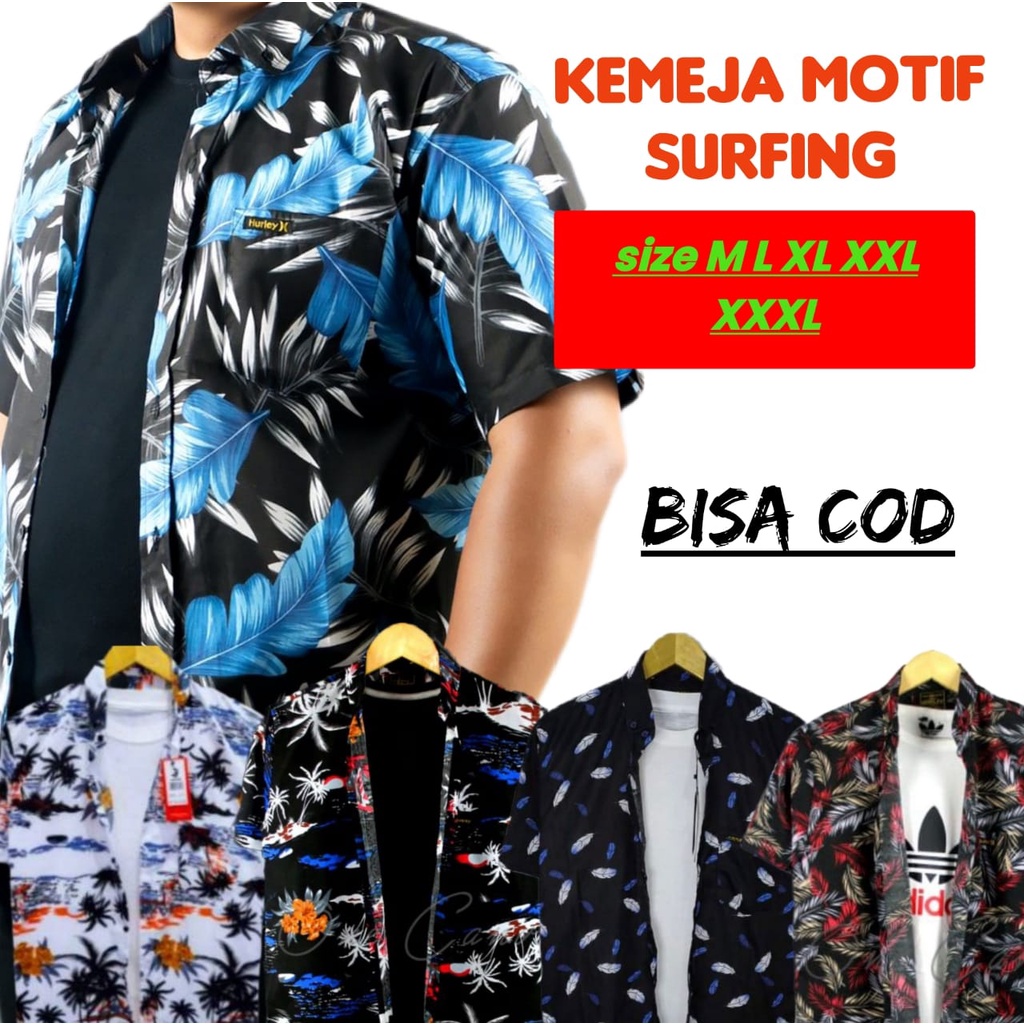 [PROMO 12.12] Kemeja surfing pria | kemeja cowok motif daun | kemeja motif bulu lengan pendek bisa pilih motif