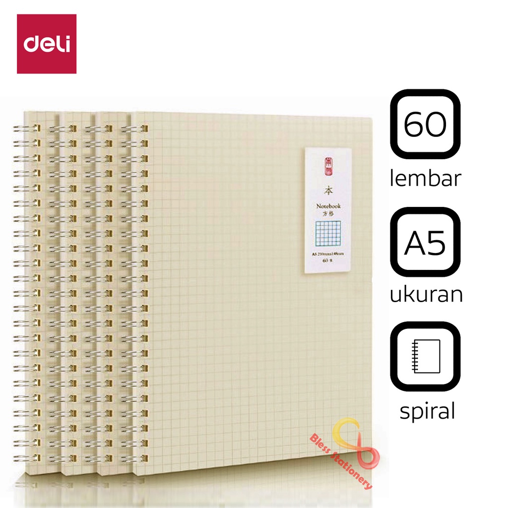 

Deli buku kotak kecil A5 notebook buku spiral buku tulis grid Cover PP Transparant A5 60 lembar