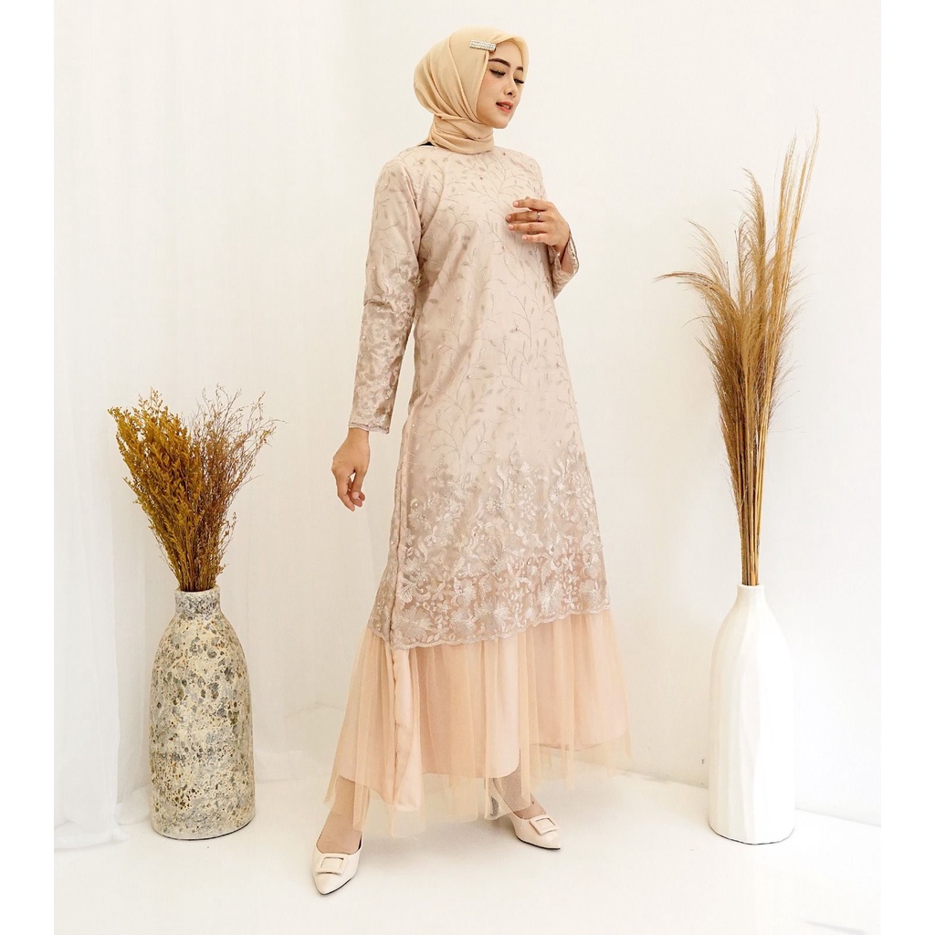 (Full Tile Brukat) Gamis Arini Full Tile Bordir Mutiara Glitter Brukat Tulle Brokat Maxi Dress Pesta