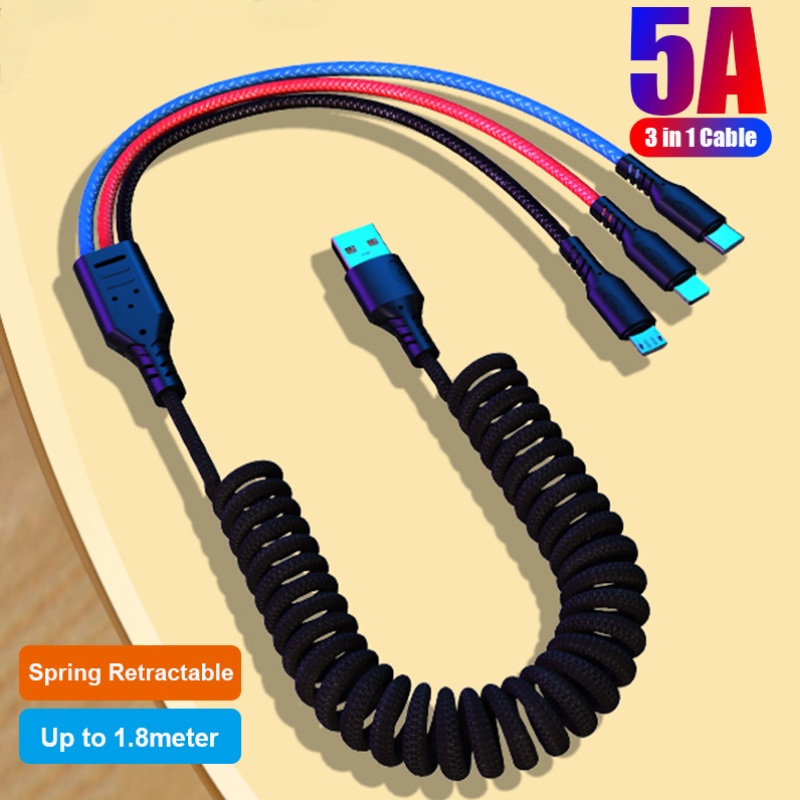 Urvns 3in1 1.2m 1.8m 5A Kabel USB Charging Spring Tipe C Telepon Micro USB Kabel Charger Cepat Untuk iPhone Android Samsung