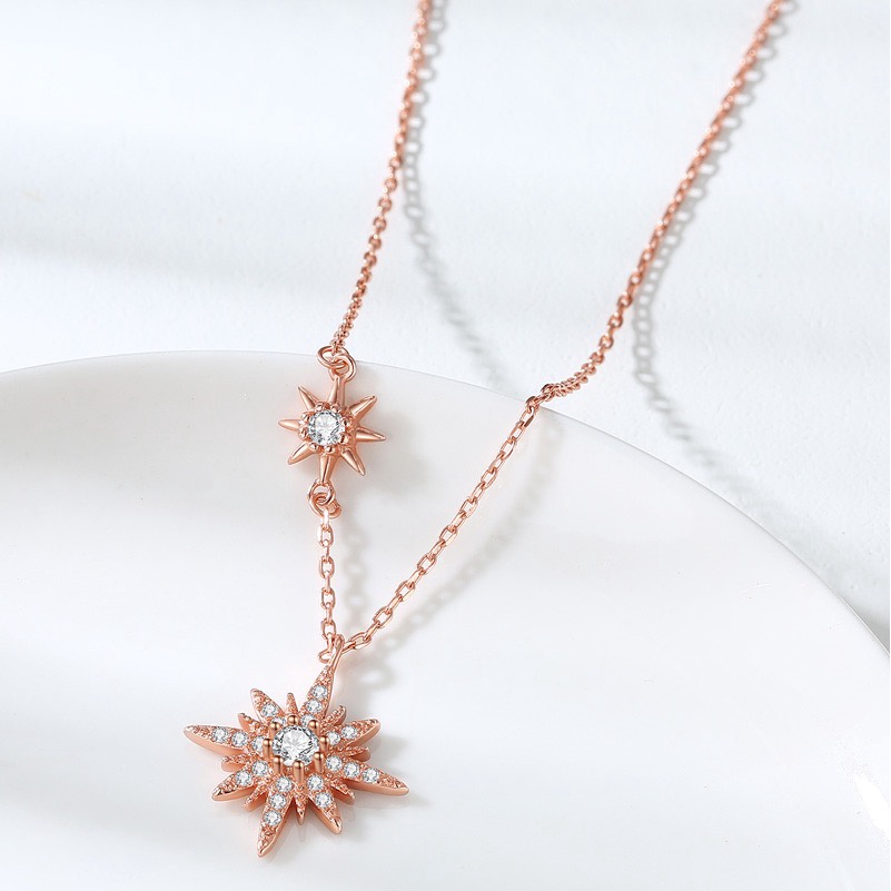 Kalung Rantai Klavikula Pendek Desain Bintang Warna Rose Gold Silver Aksen Zirkon