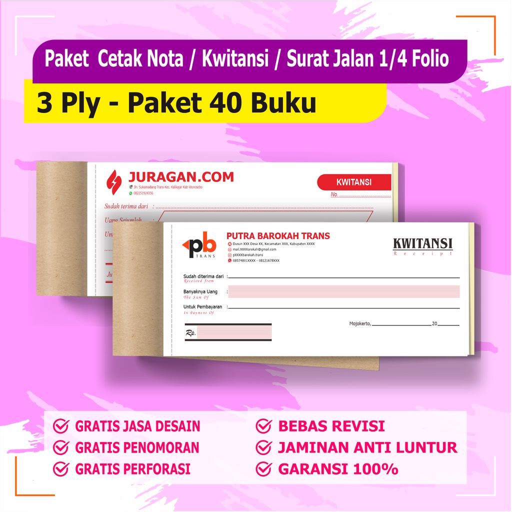 

cetak Nota custom 3 ply / Paket 40 buku 3 Rangkap ( 1 RIM ) nota custom surat jalan custom BEBAS DESAIN