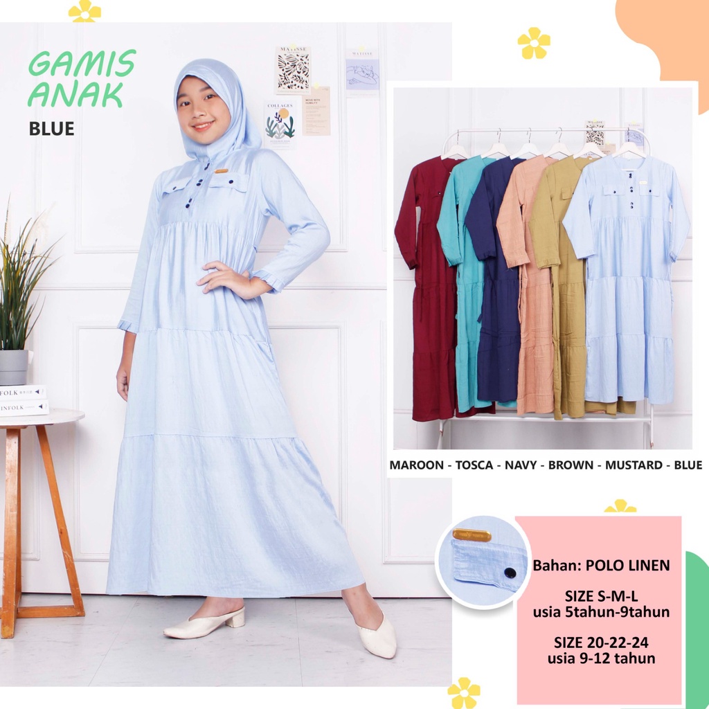 CIAHAW-Gamis Anak Perempuan syari Cringkel Polo Linen-Kancing Usia 6-12 Tahun