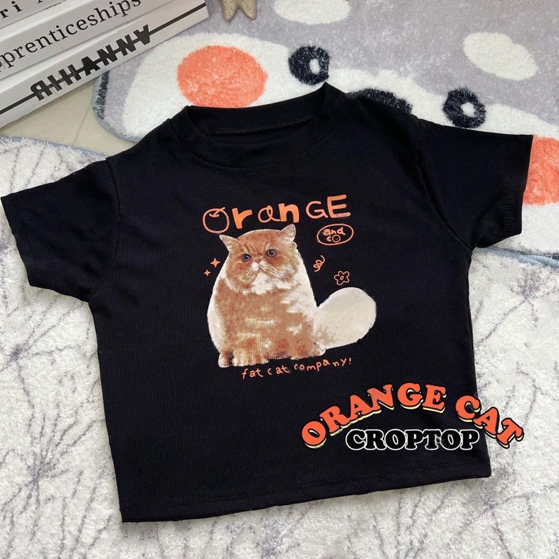 Tq88indonesia Baju Atasan Cewek Crop Top Wanita ORANGE CAT / Busana Casual  / Ootd  Terbaru