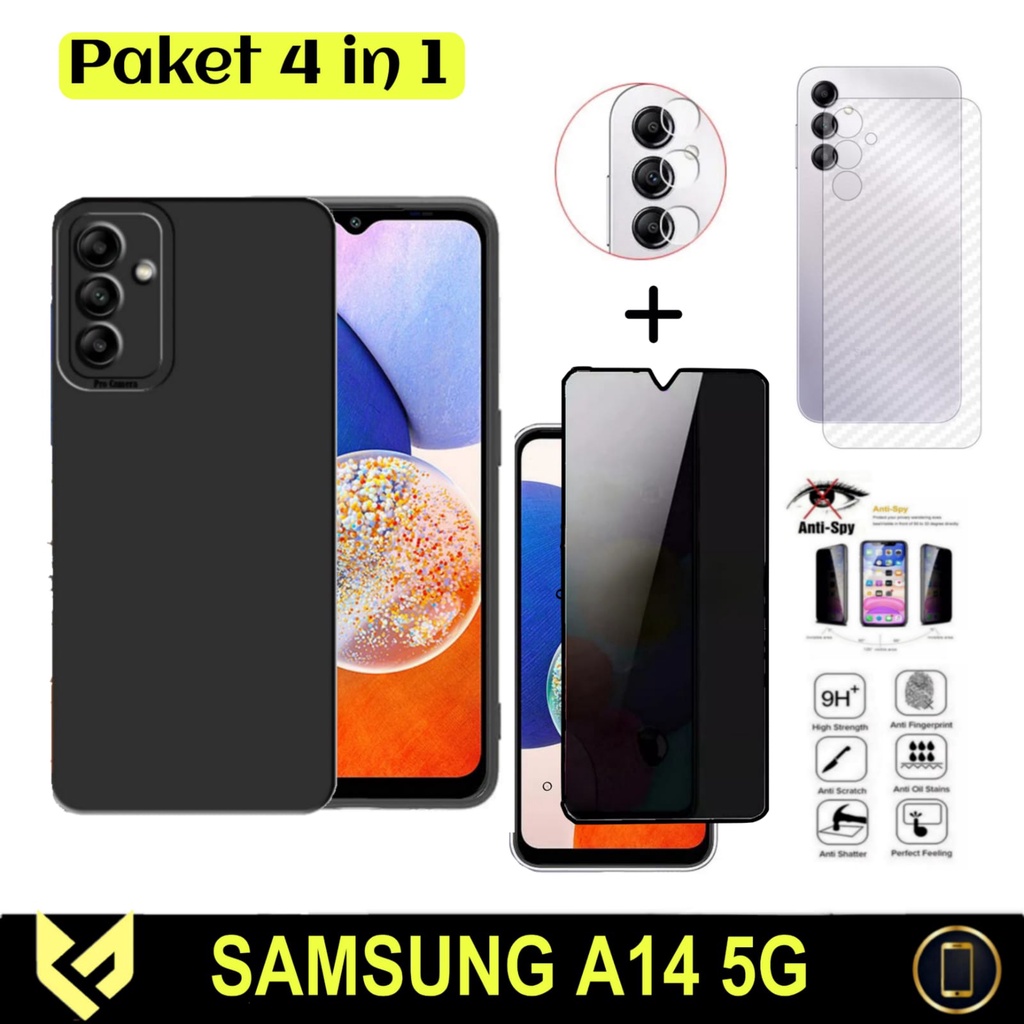 PROMO Paket 4IN1 Case Black For SAMSUNG A14 5G / SAMSUNG A14 4G / SAMSUNG M14 5G SoftCase Premium Black Free Tempered Glass Layar &amp; Tempered Glass Camera &amp; Garskin Carbon Handphone