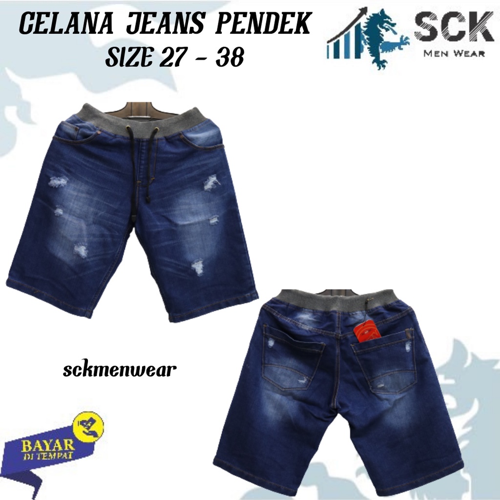 Celana Pendek Pria Jeans CRV SOBEK Pria Pinggang Karet Rip Pinggang Karet size 27-32 33-38 - sckmenwear GROSIR