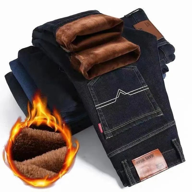 Celana Jeans Musim Dingin pria laki laki / Thermal Bagian dalam Bulu2 halus Penahan Dingin