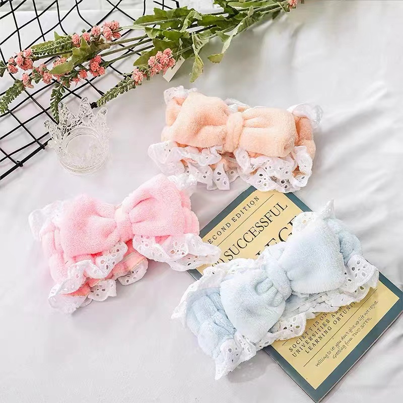 Bandana rambut elastis pita bulu make up rambut wanita dewasa anak perempuan lucu gemoy elastis karet estetik headband mandi facial maskeran unik lucu karakter