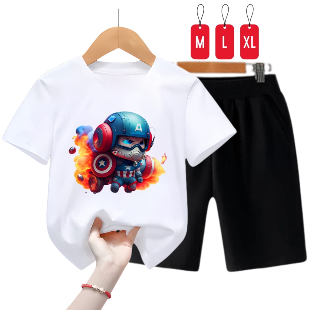 Hzl_outfit Kaos Setelan Anak Laki Laki Baby Captain America/ Setelan Kaos Anak Anak