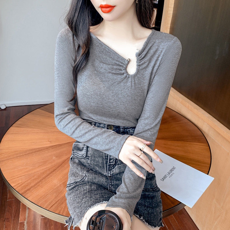 Fashion V-neck Lengan Panjang T-shirt Kemeja Wanita Musim Semi Baru Slim Fit Chic Top Tren