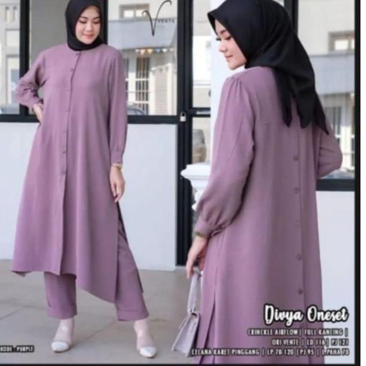 Terbaru 12.12 Stelan Long Tunik Divya Cringkle Kemeja Kancing Depan Belakang/One Set Divya Cringkle 