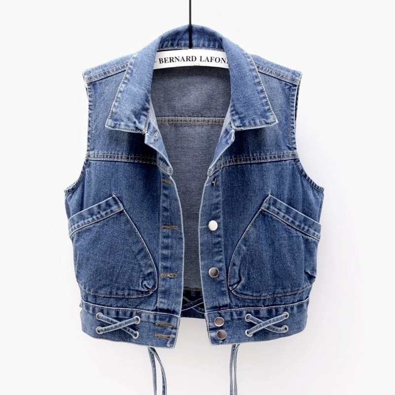 ♚﹍5XL Wanita Denim Rompi Biru Tanpa Lengan Wanita Jaket Korea Slim Jeans Mantel Single-Breasted Pend