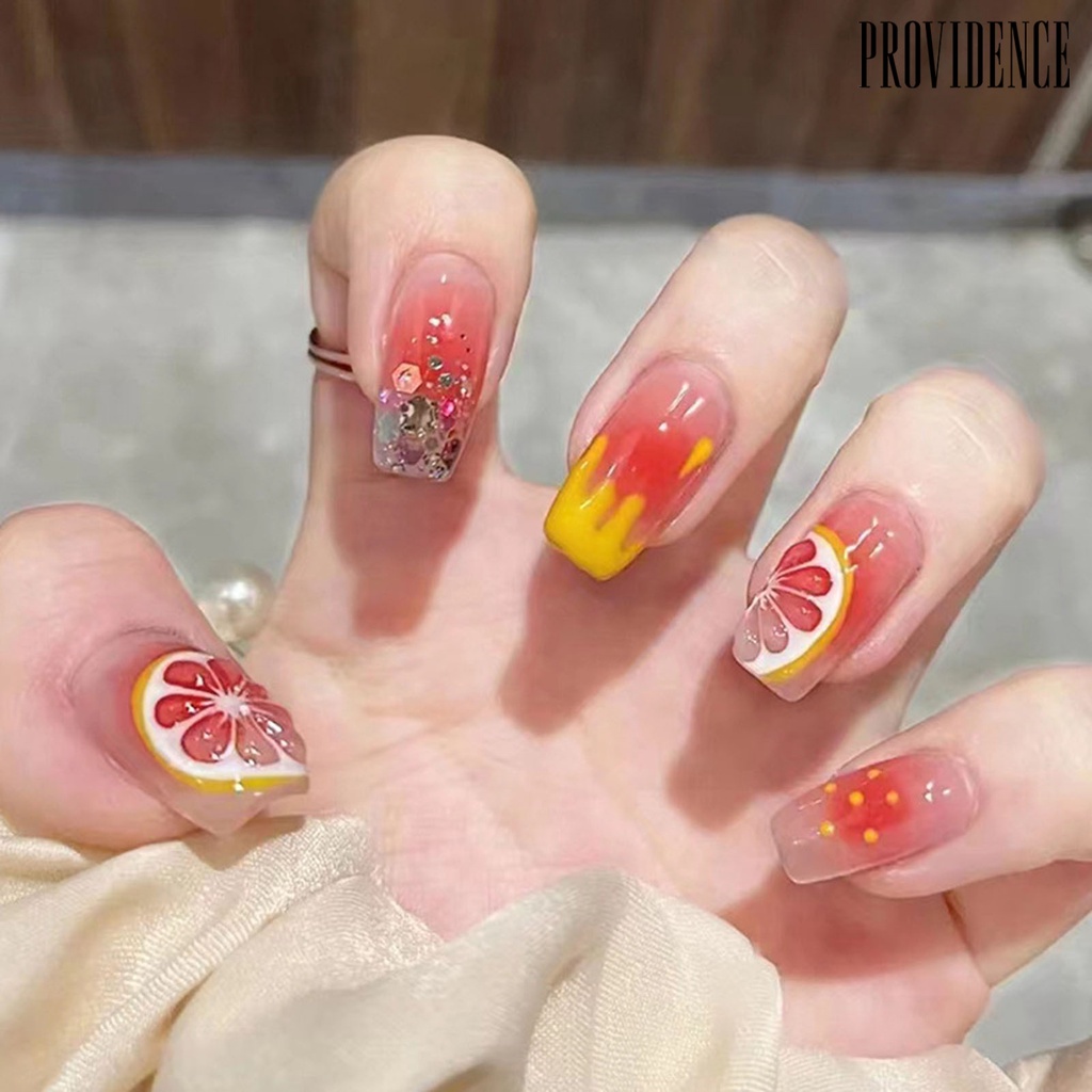 Providence 1set Kuku Palsu Penutup Penuh Gloss Tinggi Tahan Luntur DIY Dilepas Musim Panas Menyegarkan Indah Lemon Kuku Palsu Salon Pasokan