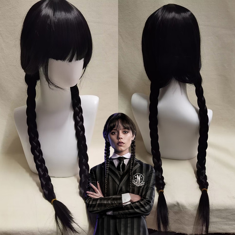 Film Rabu Addams Cosplay Wig Addams Keluarga Cosplay Gadis Wig Panjang Kepang Hitam Tahan Rambut Wig Sintetis