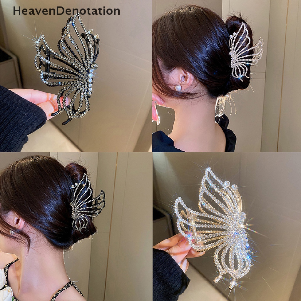 [HeavenDenotation] Vintage Hollow Butterfly Berlian Imitasi Claw Clip Besar Hair Grab Clip Untuk Wanita HDV