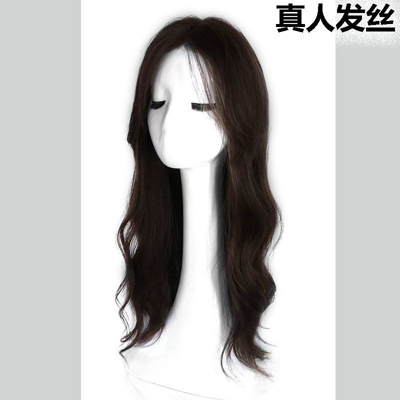 Wig wanita penutup kepala penuh, rambut panjang renda bergelombang besar rambut asli, usia paruh baya pengurangan rambut keriting panjang wig halus