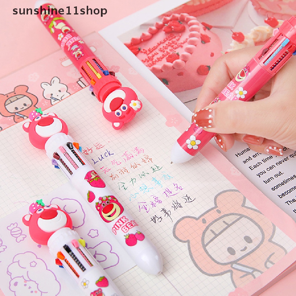 Sho Strawberry Bear 10warna Pulpen Bolpoin Multi Warna Kawaii Kartun Press-type Color Pen Alat Tulis Sekolah Multi-Fungsi Supply Hadiah Alat Tulis N