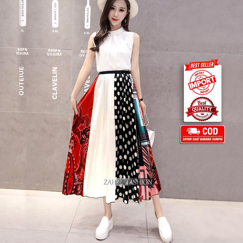 ♚ Rok Plisket Motif Polkadot Satin Premium Import murah 7/8 style korea terbaru | 321-3 | Rok Priske