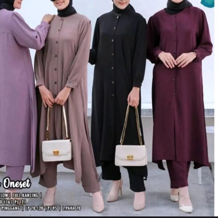 ♦ Stelan Long Tunik Cringkle Kemeja Kancing Depan Belakang || ONE SET LONG TUNIK CRINKLE DIVYA ONE S