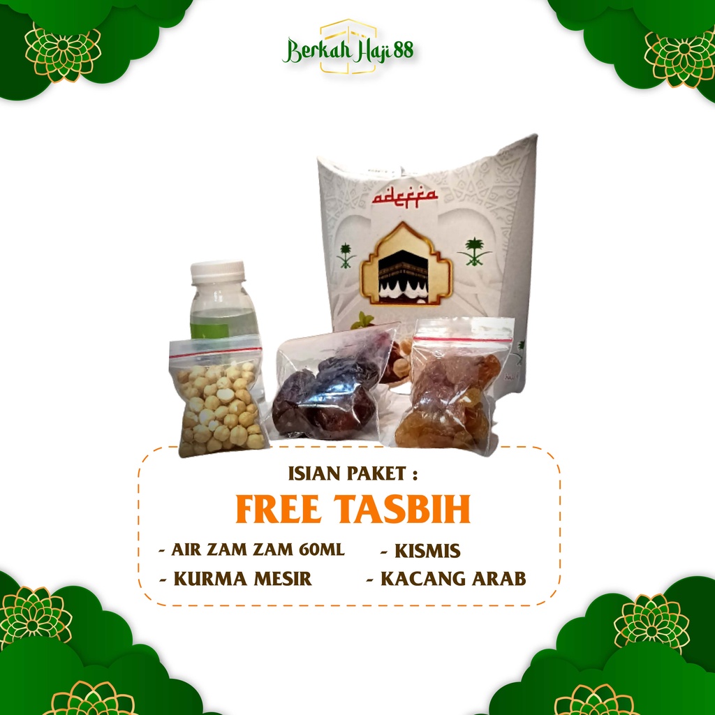 PAKET HEMAT Oleh Oleh Haji Umroh Souvenir Kardus Isi Air Zam Zam 60ml ,botol 80ml Kurma Kismis Kacang Arab