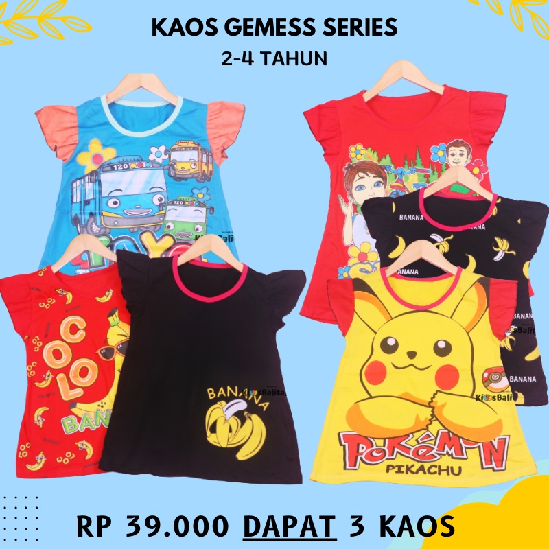 (LEBIH HEMAT ISI 3 PCS) Kaos Gemess 2-4 Tahun / Baju Anak Perempuan Lengan Pendek Karakter Polos Kartun Princess