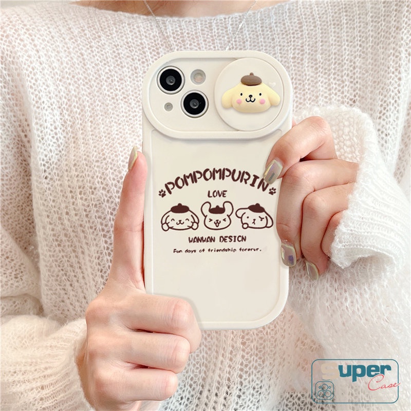 IPHONE Kartun Lucu 3D Boneka Tarik Dorong Jendela Pelindung Kamera Ponsel Case Kompatibel Untuk Iphone11 13 12 Pro Max7 8 Plus XR X XS MAX Indah Cinnamoroll Pom Pom Purin Lembut TPU Cover
