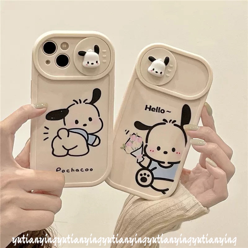 IPHONE Pasangan Lucu Pochacco Case Kompatibel Untuk Iphone11 13 12 Pro MAX Xr7 8 Plus X XS MAX Lembut TPU Kartun 3D Boneka Push Pull Jendela Penutup Perlindungan Lensa Kamera