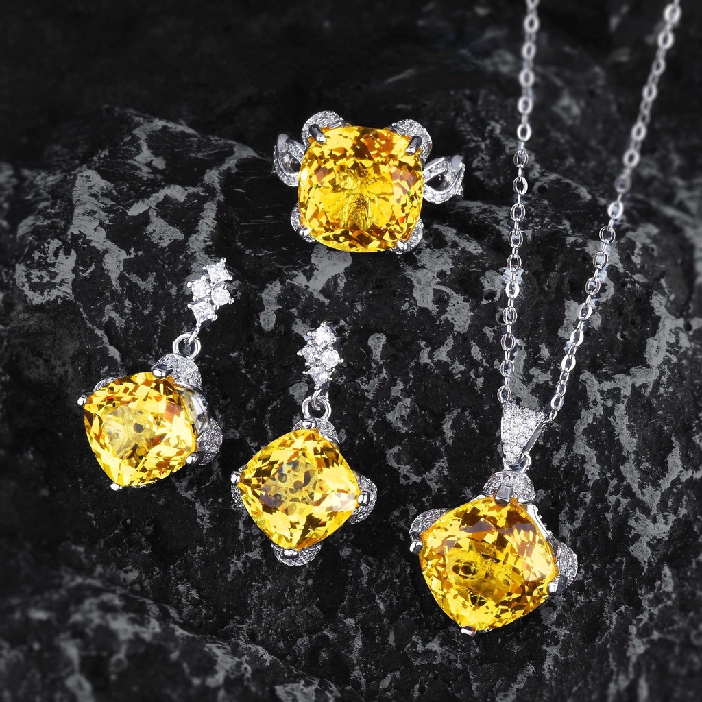 Goldkingdom Aksesoris Perhiasan Fashion Ready Stock Meledak Aquamarine Topa Liontin Batu 15karat Lemak Kotak Warna Harta Karun Telinga Giwang Cincin Fanta Violet Berlian Kuning Set