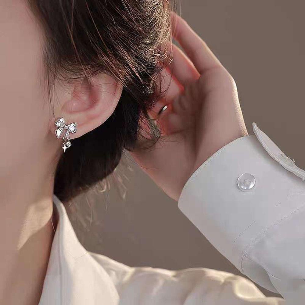 Mxbeauty Anting Wanita Halus Indah Sederhana Trendi Busur Simpul Fashion Perhiasan Alloy Zirkon Gaya Korea Earrings