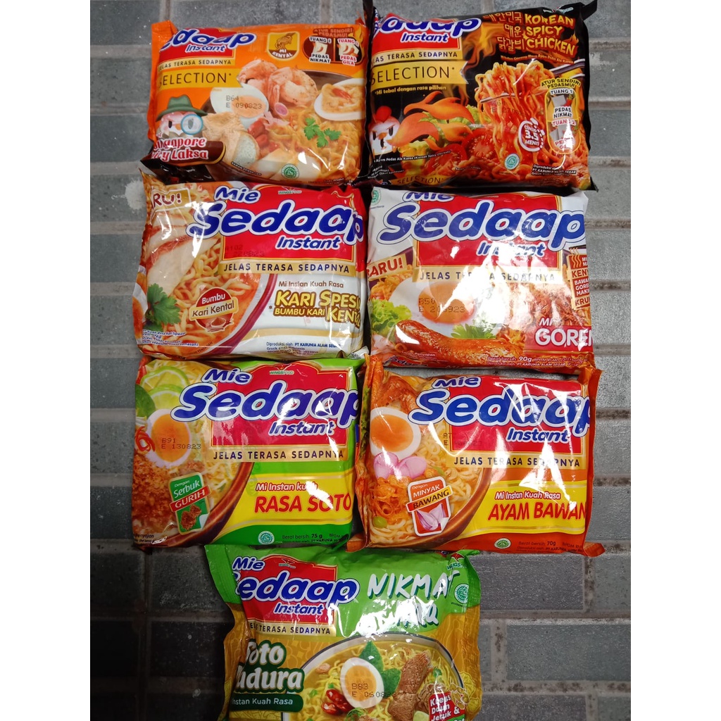 

Mie Sedaap Goreng/Mie Sedaap Soto/Mie Sedaap Kari Spesial/Mie Sedaap Soto Madura/Mie Sedaap Ayam Bawang/Mie Sedaap Korean Spicy Chiken/Mie Sedaap Singapore