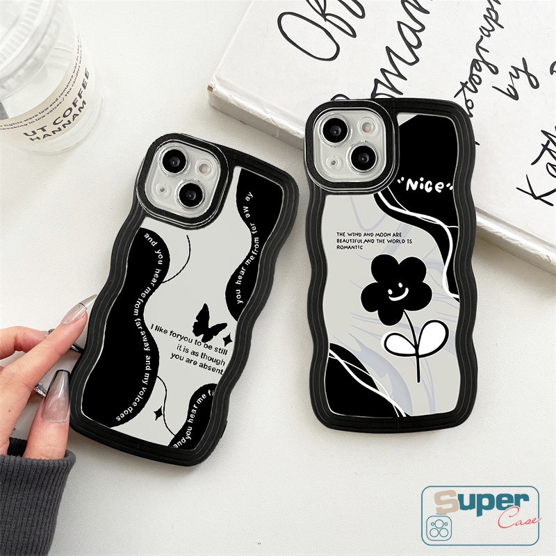 Casing Bunga Vintage Realme C55 C35 C30 C25s C21Y C33 C11 C15 C25Y C25 C12 Realme 9 5 10 6i 9i 8 8i 7i 5i 7 5s C20 8Pro C20A 9Pro+C3 C17 Wavy Edge Black Retro Butterfly Soft Case