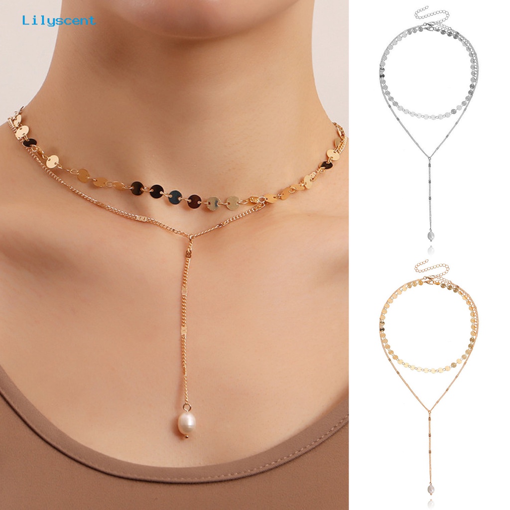 [LS] 2 Pcs Liontin Kalung Double Layer Geometris Sequin Fashion Mutiara Imitasi Panjang Rumbai Kalung Perhiasan Aksesori