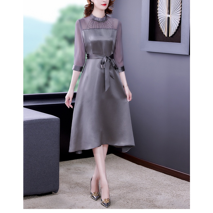 Gaun Pesta 2302009 Abu Silver Lengan Siku Party Dress
