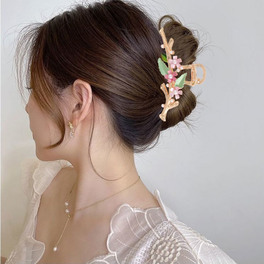 Korea Alloy Bunga Mutiara Rambut Klip Wanita Elegan Jepit Rambut Ponytail Holder Aksesoris Rambut