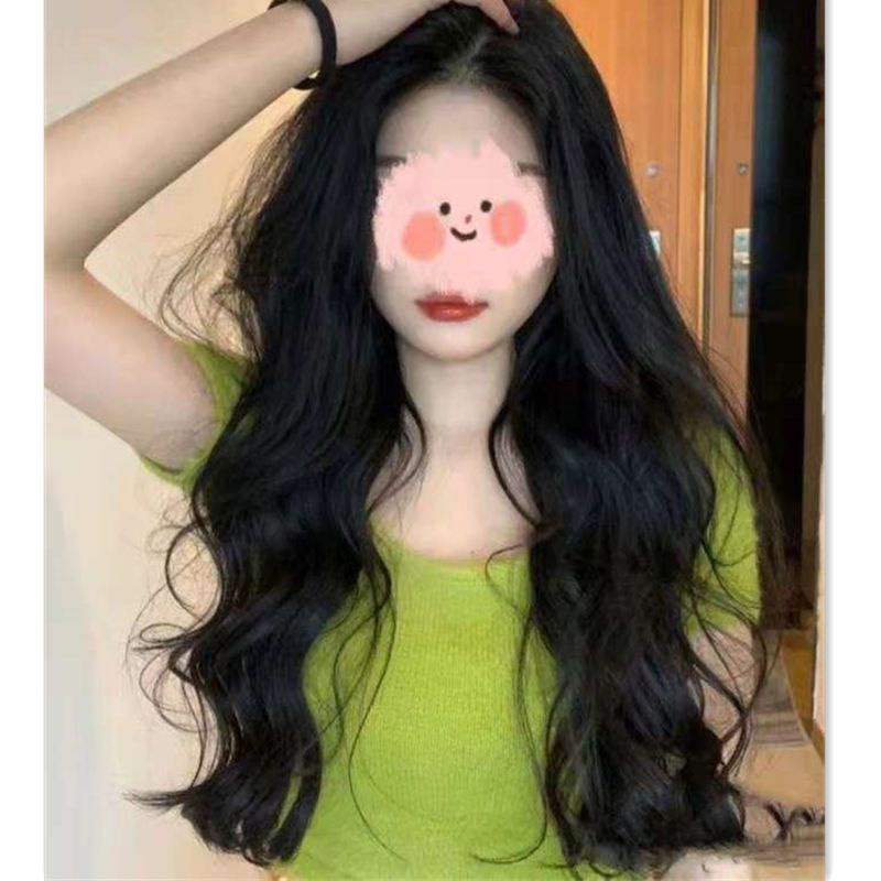 Wig rambut keriting panjang wanita rambut asli penuh dengan santai dibagi dahi renda realistis alami 65 cm penutup wig tengah