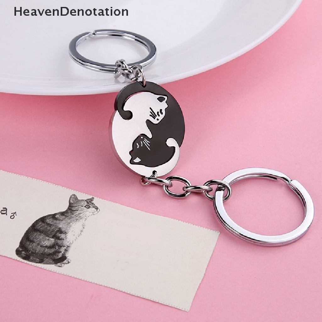 [HeavenDenotation] 1pasang Lucu Kucing Hitam Gantungan Kunci Patchwork Hati Bulat Pasangan Pecinta Keyring Stainless Steel Ransel Kunci Mobil Gantungan Perhiasan HDV