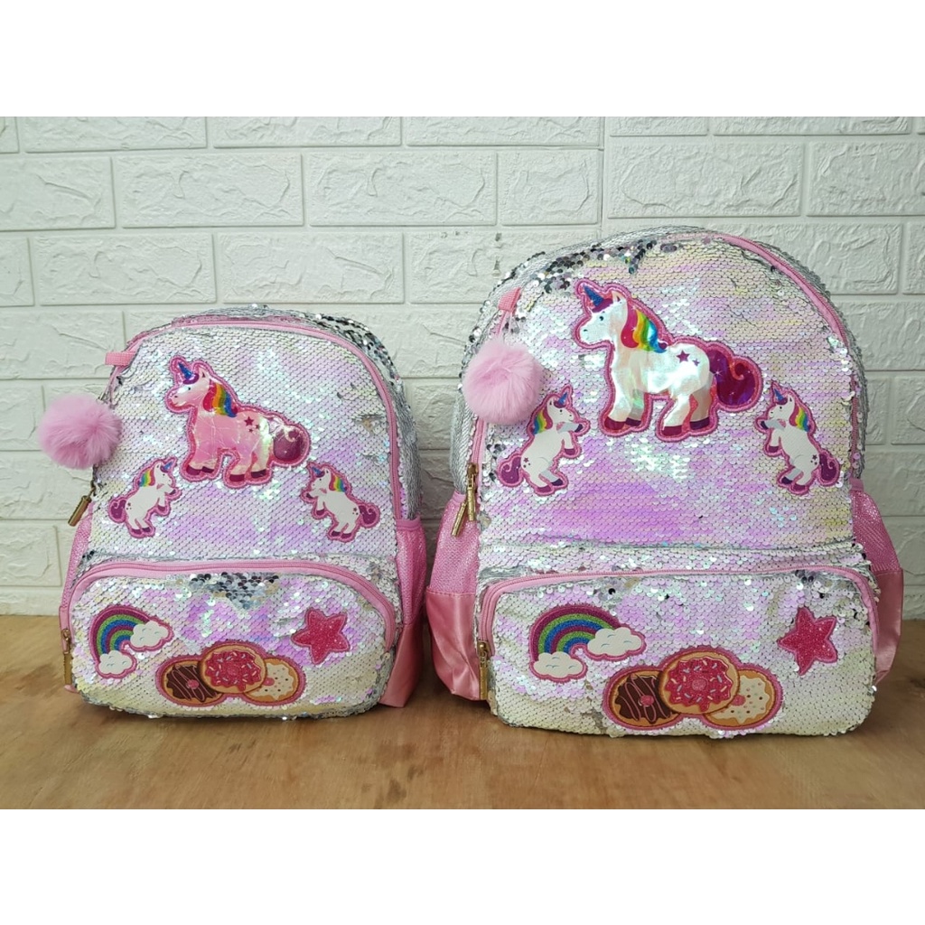 Tas Sekolah Ransel Anak TK dan SD Motif Sequin Usap LOL dan Unicorn Tas Import Anak Sekolah Backpack Anak Perempuan