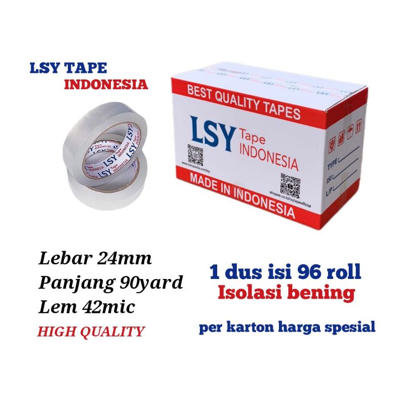 

lakban bening / isolasi bening 24mm x 90yard full 1 dus isi 96 roll LSY TAPE INDONESIA ( CBM )