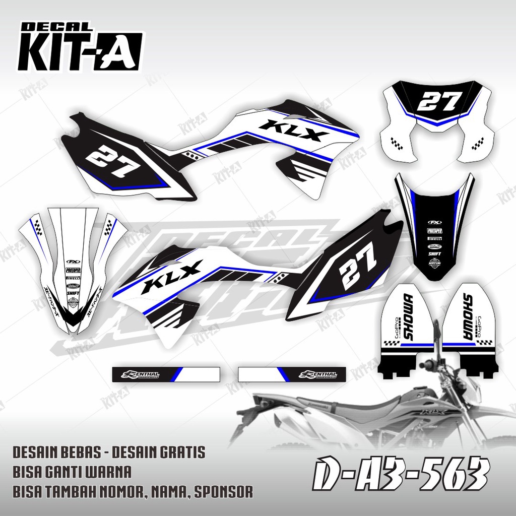 Stiker KLX 150 BF decal setiker KLX 150 BF stiker motor WARNA PUTIH HITAM LIST BIRU D-A3-563