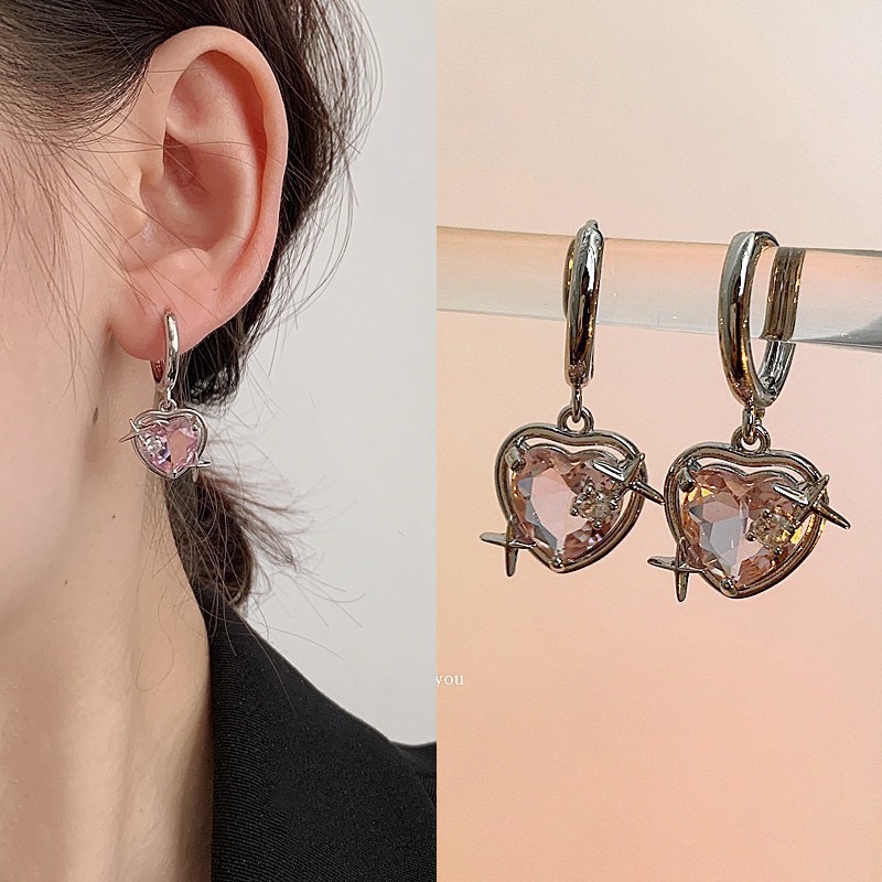 Elegan Perak Kalung Anting Merah Muda Zirkon Kristal Hati Liontin Choker Y2K Aksesoris Perhiasan