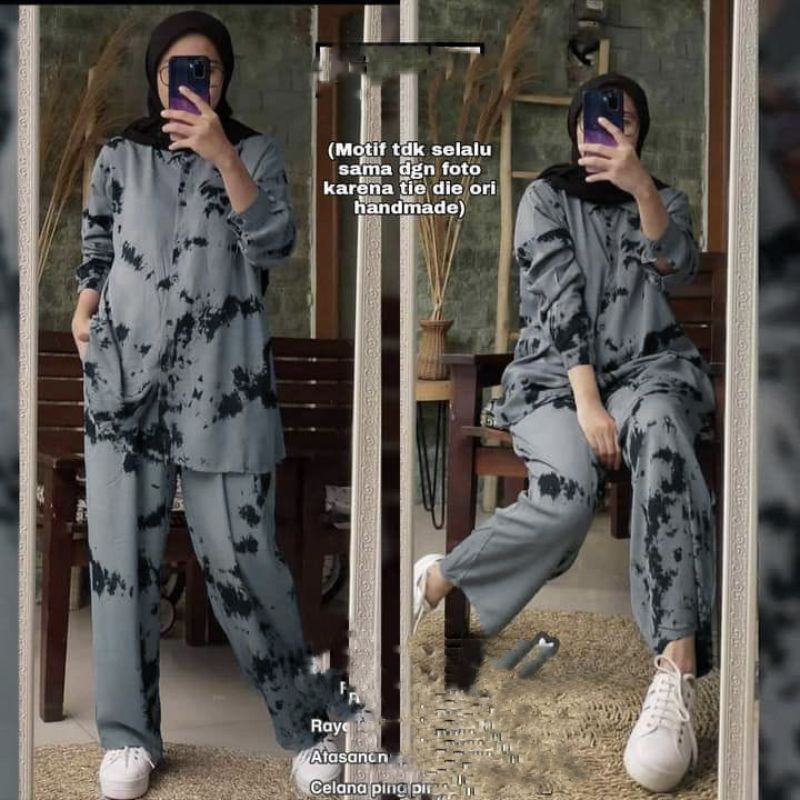 [BISA COD] setelan tiedye abtrak lengan panjang/one set tie dye grey lengan panjang full kancing/set polkadot full kancing/stln tiedye warna sof lengan panjang full kancing