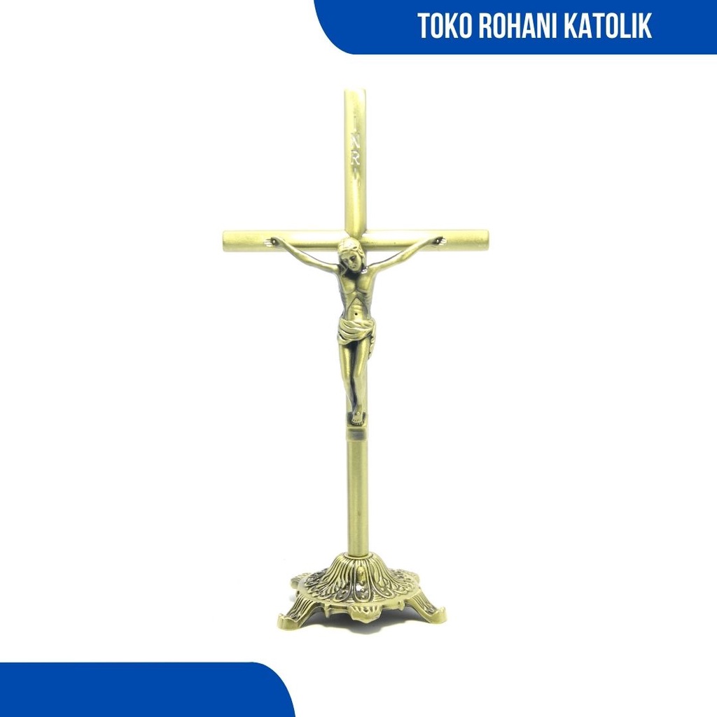 SALIB DUDUK KATOLIK (PIPA) 20 CM / SALIB KATOLIK LOGAM / SALIB MEJA / SALIB ALTAR