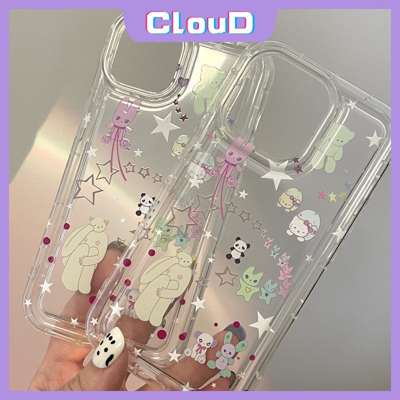 Ins Graffiti Clear Airbag Shockproof Case Kompatibel Untuk iPhone 7Plus 11 13 14 12 Pro Max XR 7 8 6s 6 Plus X XS Max SE 2020 Kartun Lucu Lovely Star Bear Soft Silicon TPU Cover