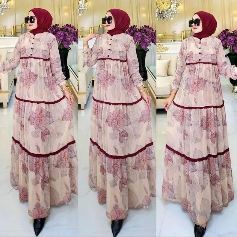 Cod Amelia dress/gamis syari/gamis murah/gamis premium/baju muslim/gamis motif bunga/gamis ceruty/ga
