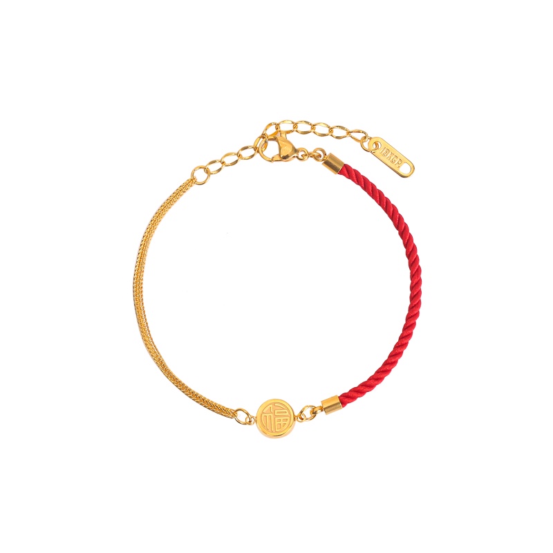Gelang titanium Tali Merah Wanita Emas 18K Merek Fu Liontin Aksesoris