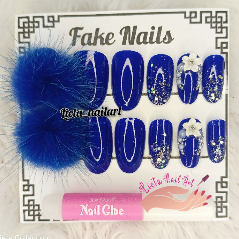 KUKU PALSU POMPOM BIRU / WEDDING FAKENAILS / NAILART